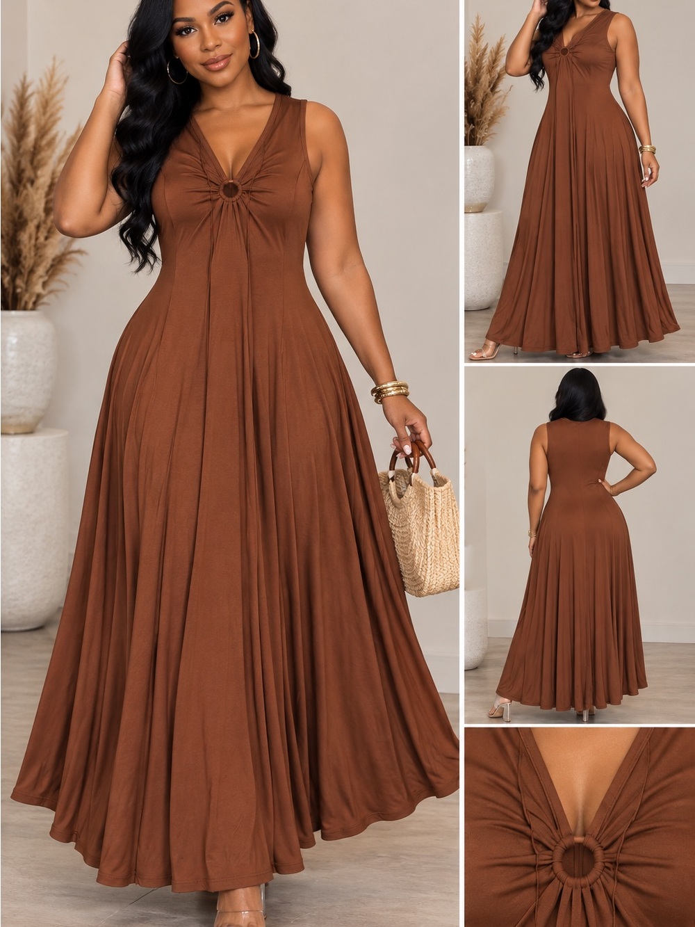 Ashley Stewart Brown Ring-Front V-Neck Maxi Dress